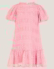 Polka Dot Textured Puff Sleeve Dress, Pink (PINK), large
