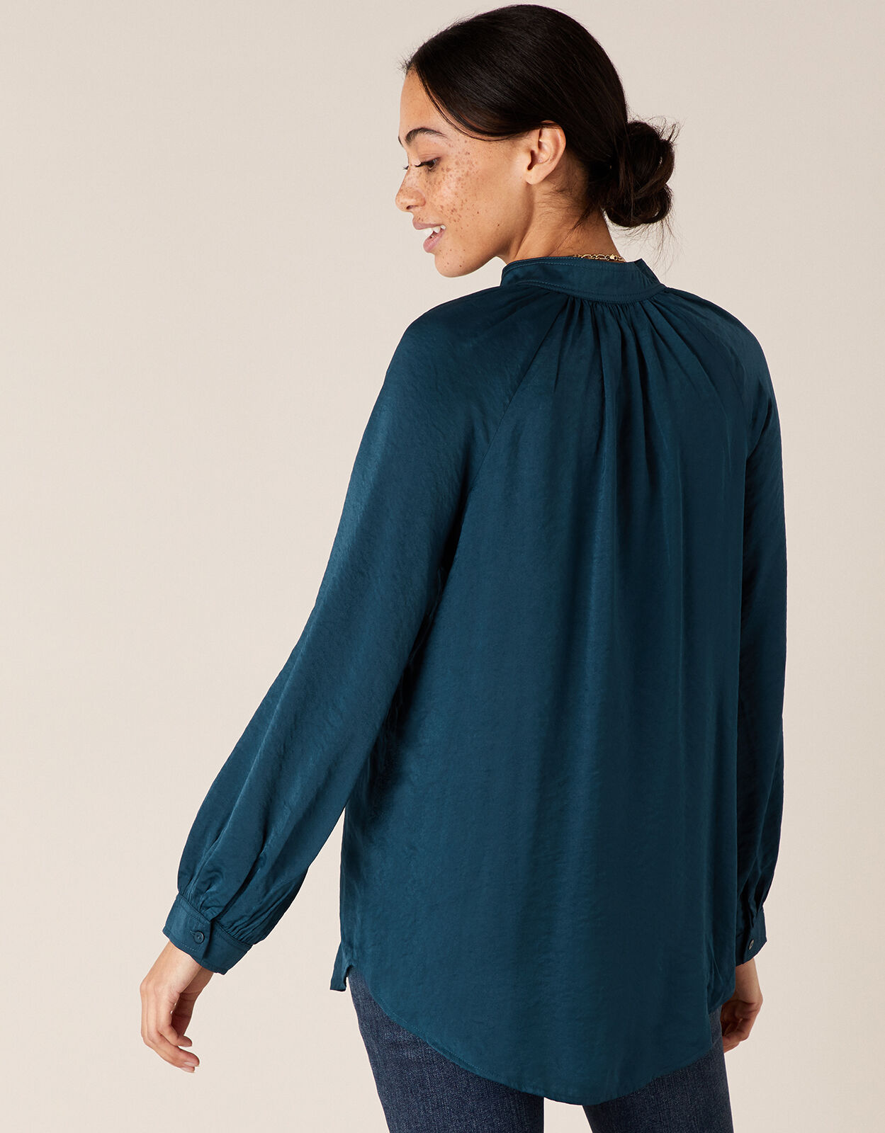 teal satin blouse