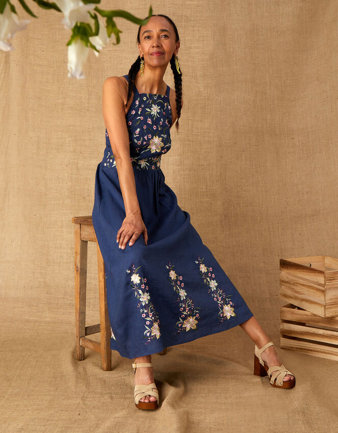 Leah Embroidered Midi Dress in Linen Blend , Blue (NAVY), large
