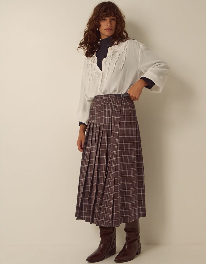 Gracie Check Print Midi Skirt, Brown (BROWN), large