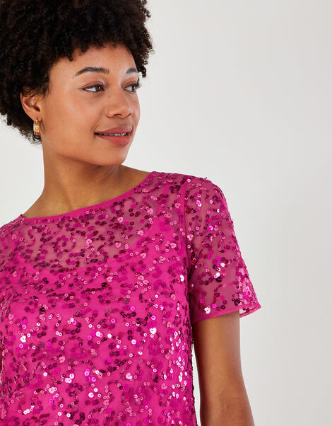 Zoey Sequin T-Shirt in Recycled Polyester Pink, Pink (PINK), large