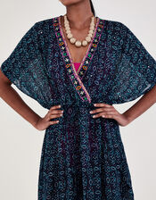Print Embroidered Kaftan Dress, Blue (NAVY), large