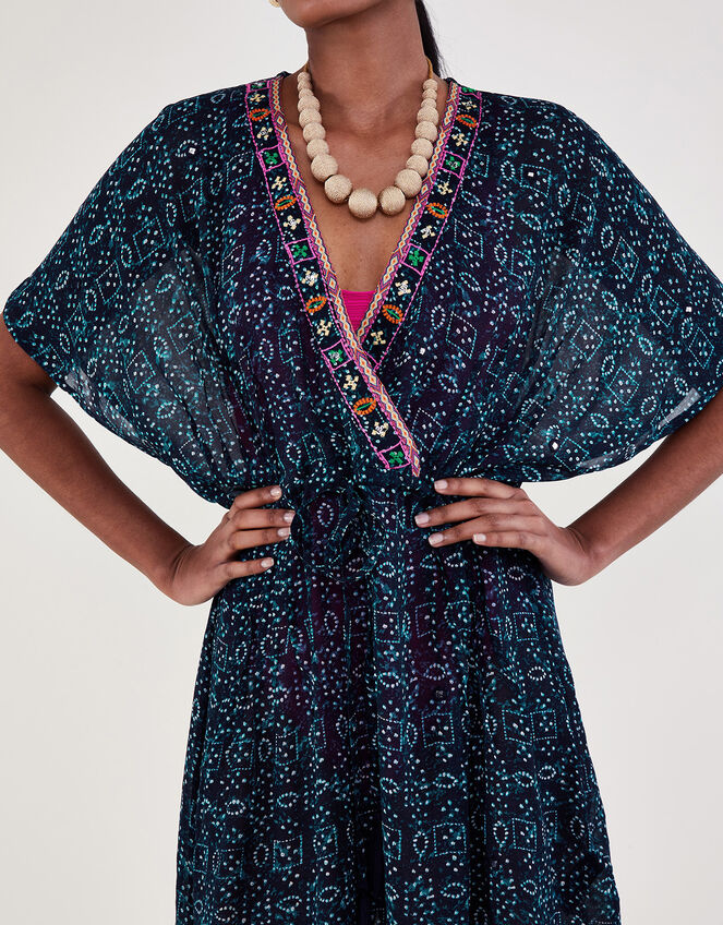 Print Embroidered Kaftan Dress, Blue (NAVY), large