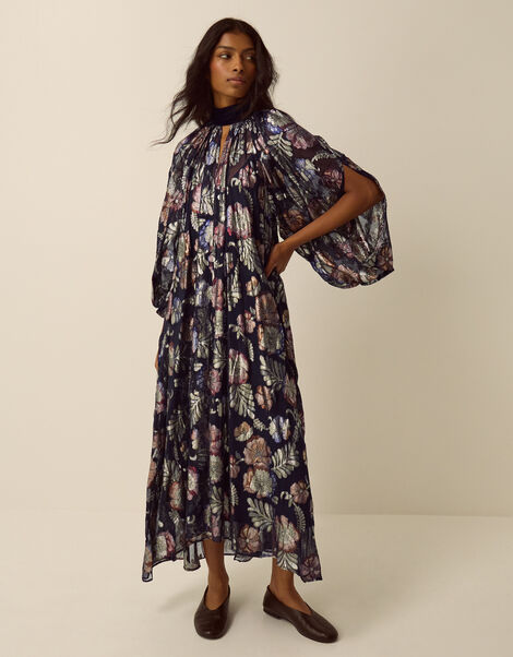 Hattie High Neck Metallic Jacquard Midi Dress, Blue (NAVY), large