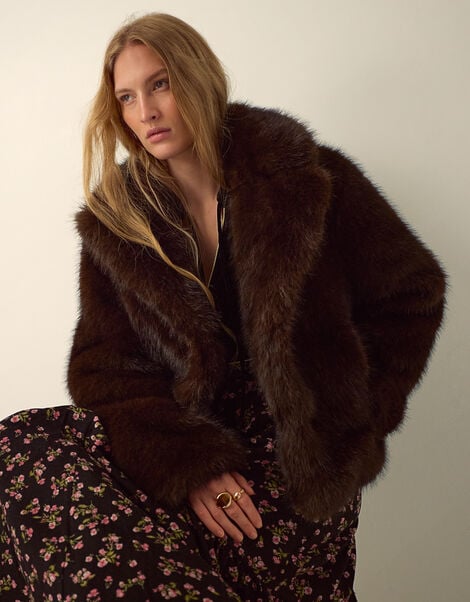 Monsoon x Queens of Archive Betty Short Faux Fur Coat​, Brown (BROWN), large
