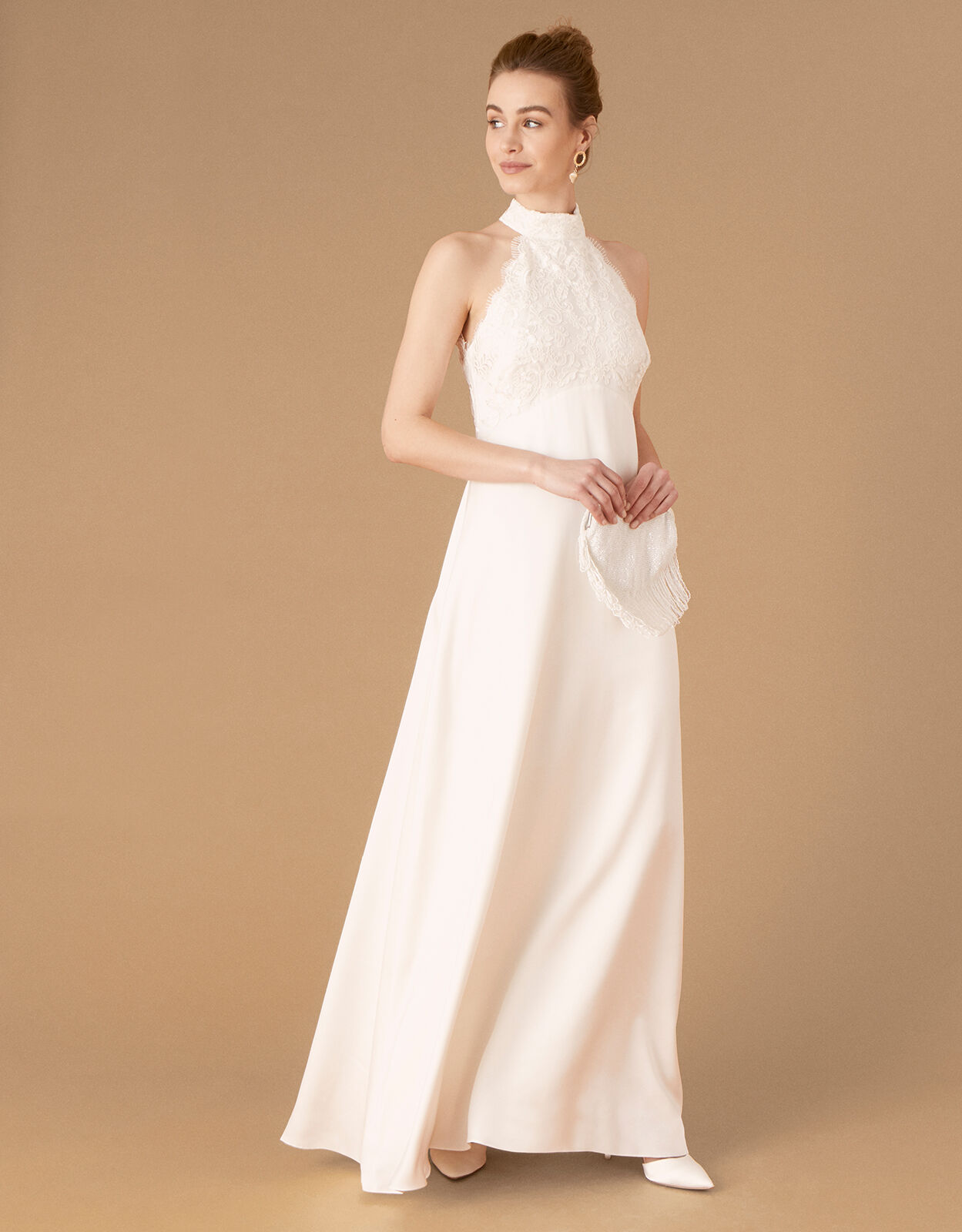 Flora Bridal Embellished Lace Halter Maxi Dress Ivory