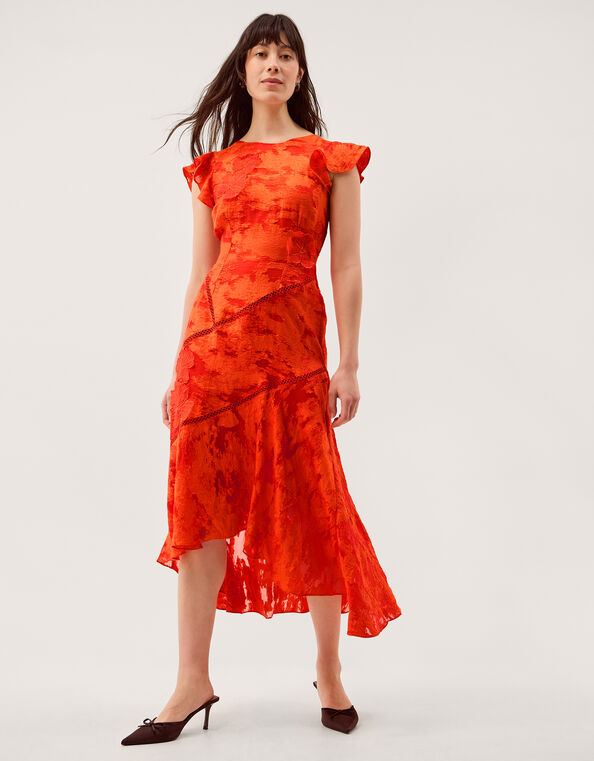 Josie Jacquard Floral Midi Dress, Orange (ORANGE), large