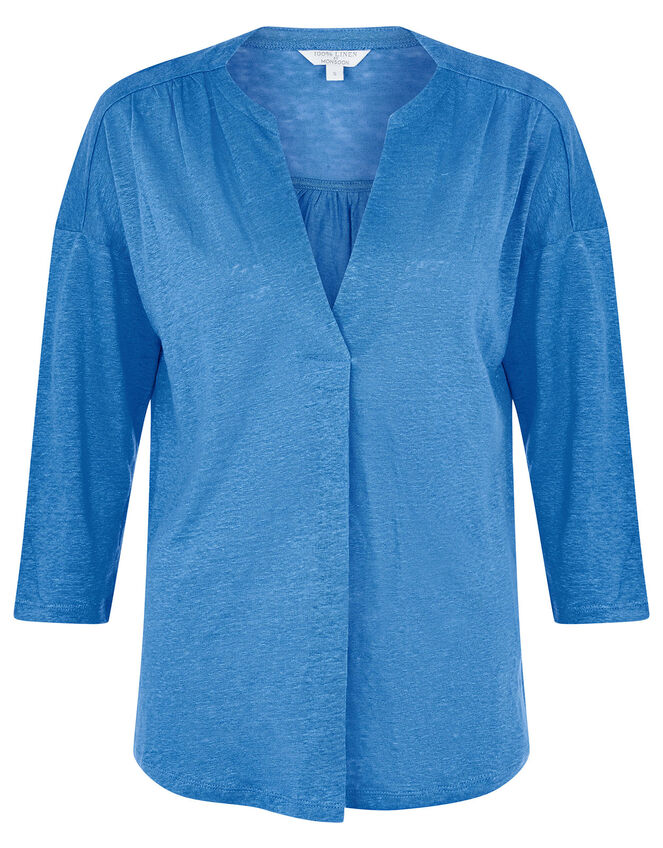 Split Long Sleeve Top in Pure Linen, Blue (BLUE), large