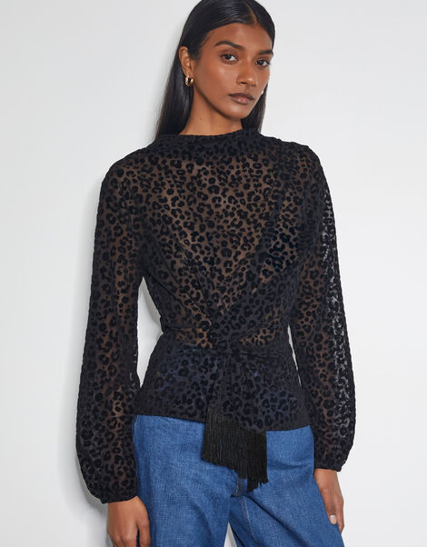 Deb Devor&eacute; Leopard Print Sheer Top, Black (BLACK), large