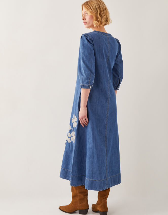 Fallon Floral Embroidered Denim Midi Dress, Blue (DENIM BLUE), large