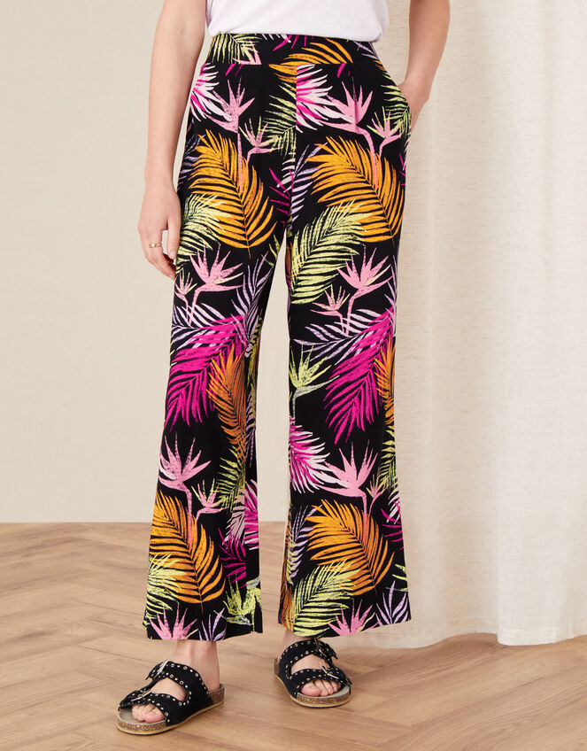 Palm Print Wide Leg Trousers, Black (BLACK), large