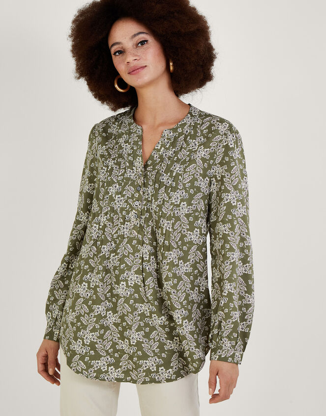 Longline Print Pullover Blouse in LENZING&trade; ECOVERO&trade; , Green (KHAKI), large