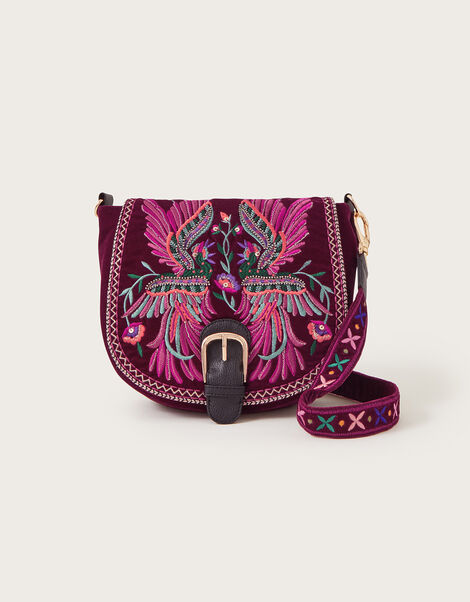Bird Embroidered Velvet Bag, Purple (PLUM), large