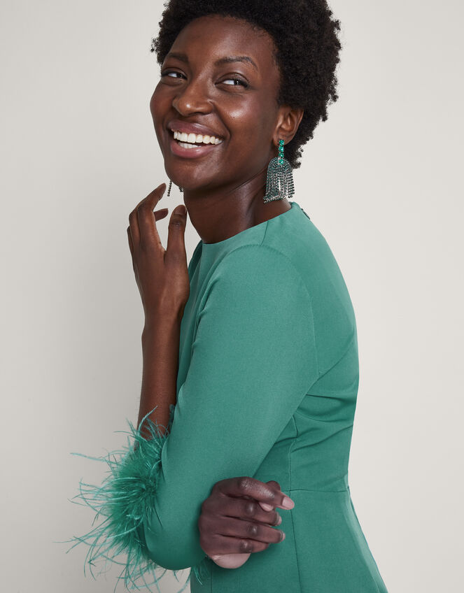 Gwen Feather Cuff Midi Dress, Green (GREEN), large