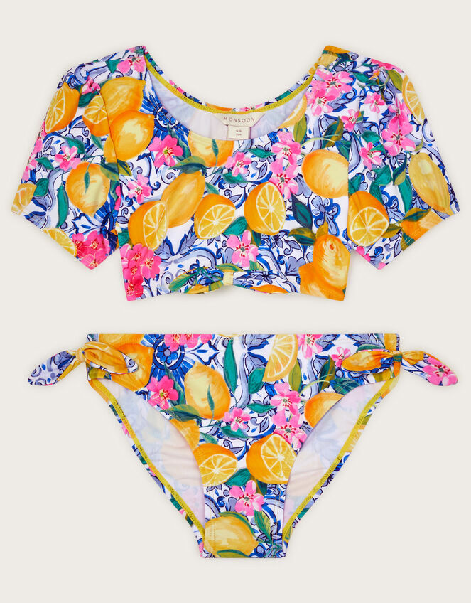 Lemon Print Short Sleeve Bikini Set, Yellow (YELLOW), large