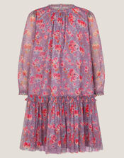 Floral Print Mesh Long Sleeve Dress, Purple (PURPLE), large