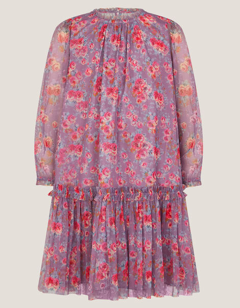 Floral Print Mesh Long Sleeve Dress, Purple (PURPLE), large