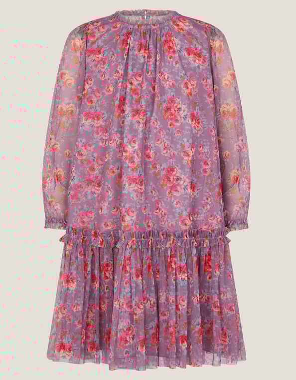 Floral Print Mesh Long Sleeve Dress, Purple (PURPLE), large