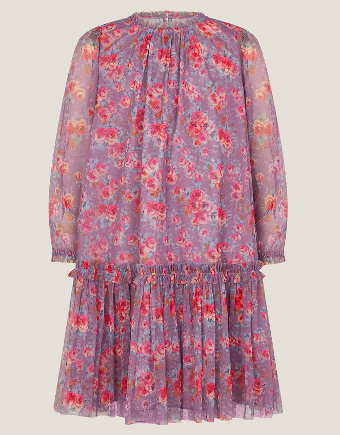 Floral Print Mesh Long Sleeve Dress, Purple (PURPLE), large