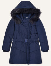 Ruffle Padded and Hooded Coat, Blue (NAVY), large