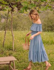 Check Jacquard Bardot Dress, Blue (BLUE), large
