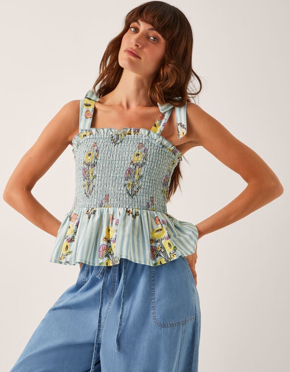 Lucille Floral Stripe Smocked Top, Blue (BLUE), large