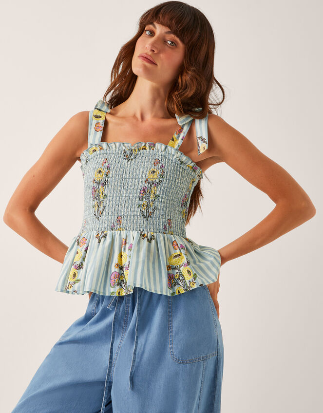 Lucille Floral Stripe Smocked Top, Blue (BLUE), large