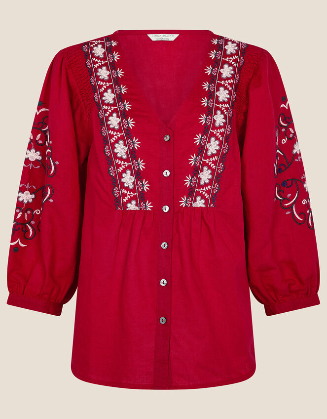 Embroidered Shirt in Linen Blend, Red (RED), large