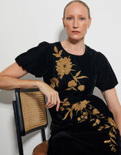 Kendra Embroidered Floral Velvet Midi Dress, Black (BLACK), large