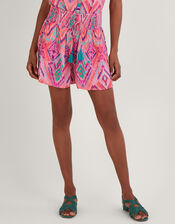 Ikat Print Tape Trim Shorts in LENZING™ ECOVERO™, Orange (CORAL), large