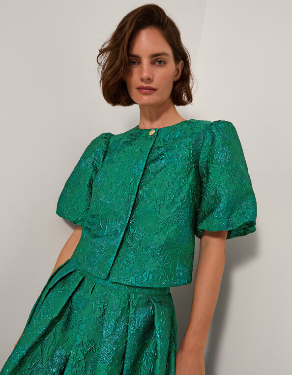 Jolene Jacquard Puff Sleeve Jacket, Green (GREEN), large