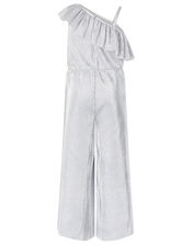 Cassandra One Shoulder Metallic Plisse Jumpsuit, Silver (SILVER), large