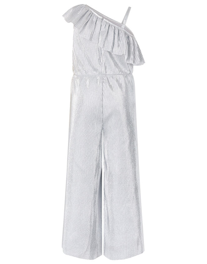 Cassandra One Shoulder Metallic Plisse Jumpsuit, Silver (SILVER), large