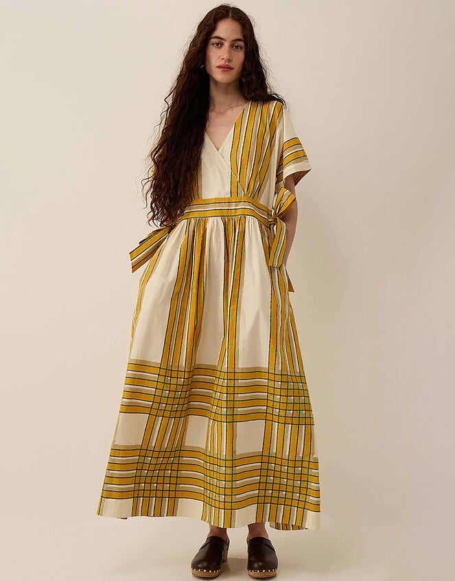 East Alana Hand-Woodblock Stripe Dress, Yellow (YELLOW), large