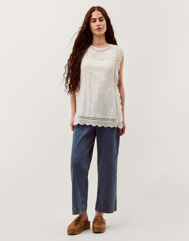 Taylor Sleeveless Embroidered Lace Top, White (WHITE), large
