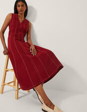 Hope Sleeveless A-Line Denim Midi Dress, Red (CHERRY), large