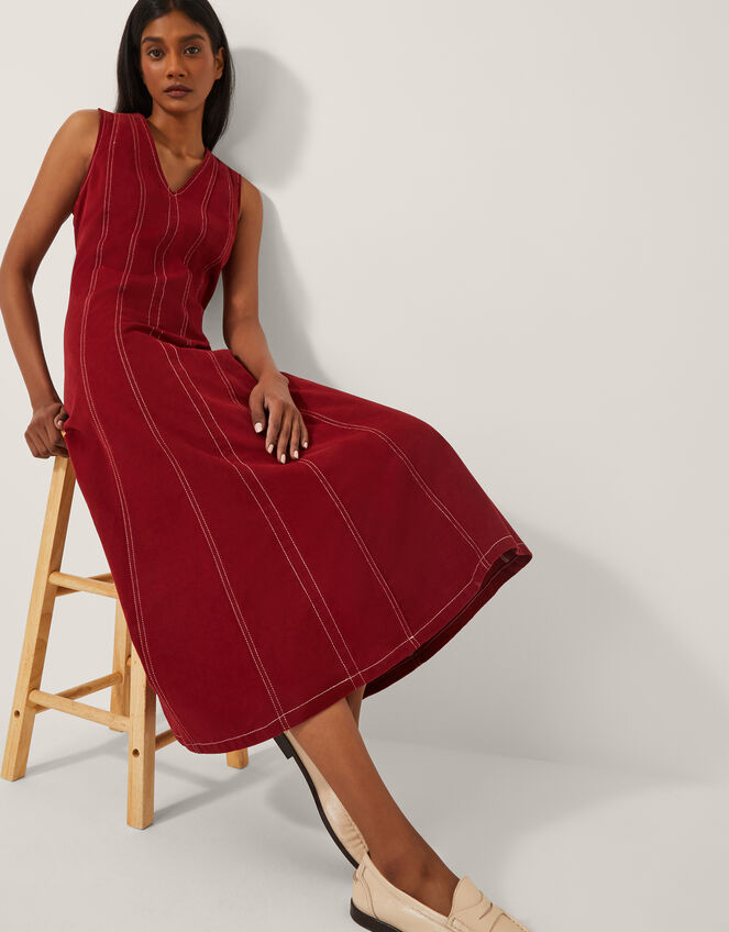 Hope Sleeveless A-Line Denim Midi Dress, Red (CHERRY), large