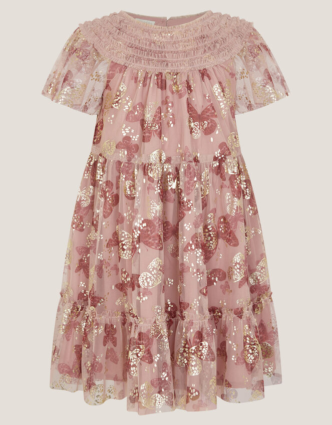 Butterfly Foil Print Party Dress, Pink (PINK), large