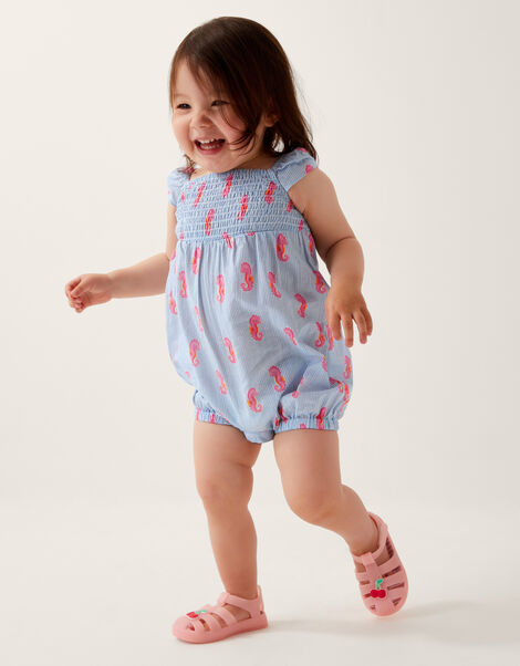 Baby Smocked Seahorse Romper, Blue (BLUE), large