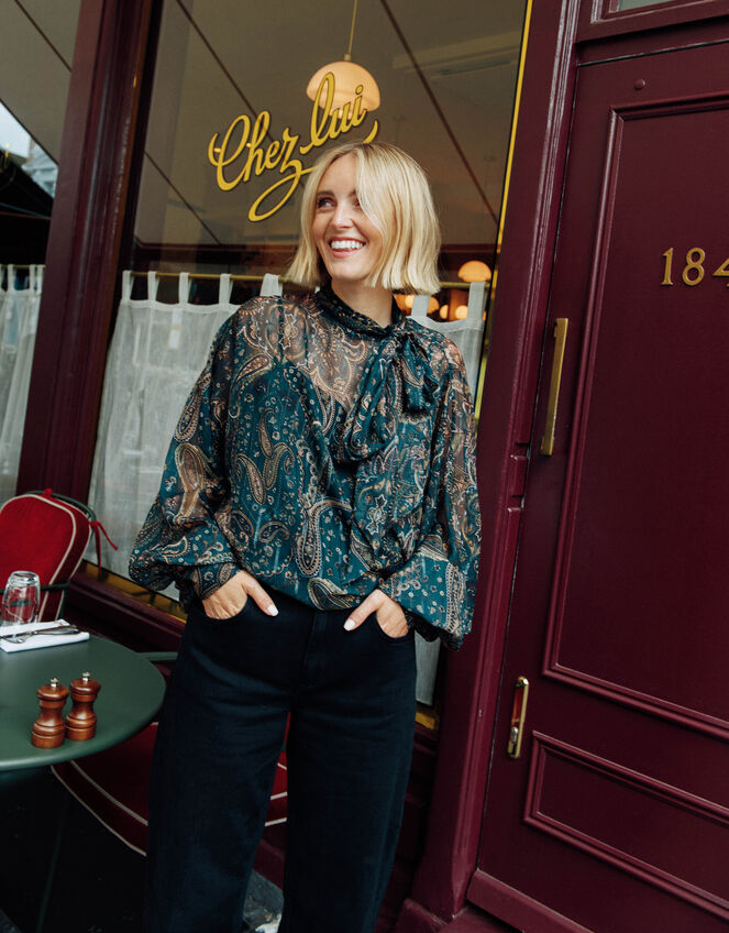 Marianna Sheer Paisley Pussybow Blouse, Green (GREEN), large