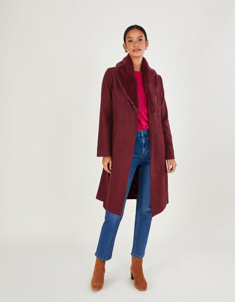 Rufus Fur Collar Belted Coat with Recycled Polyester Red, Red (WINE), large