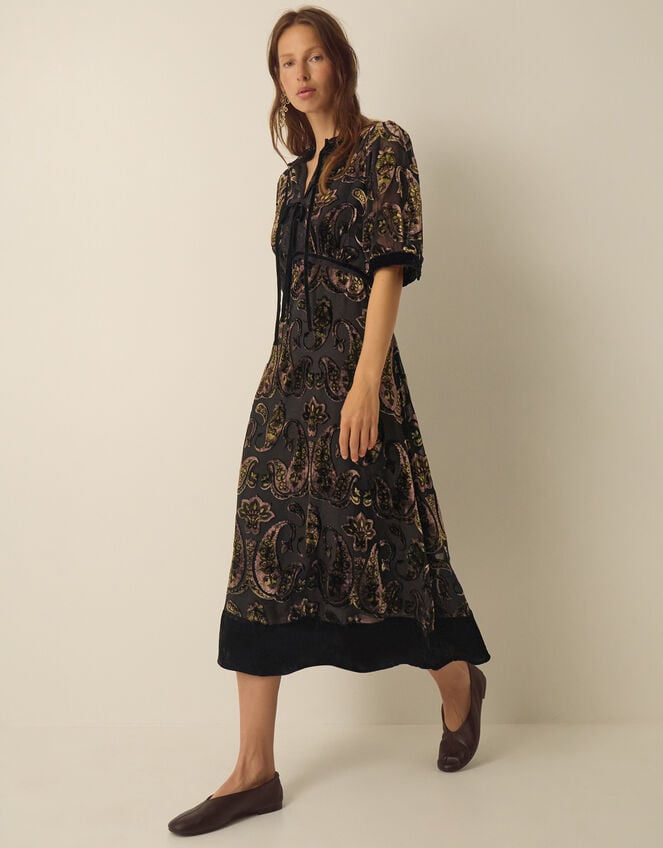 Jaz V-Neck Paisley Devor&eacute; Midi Dress, Green (OLIVE), large