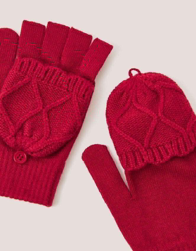 Diamond Fingerless Gloves with Mittens, Red (RED), large