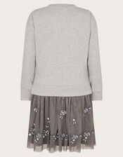 Rose Embellished 2-in-1 Sweatshirt Dress, Grey (GREY), large