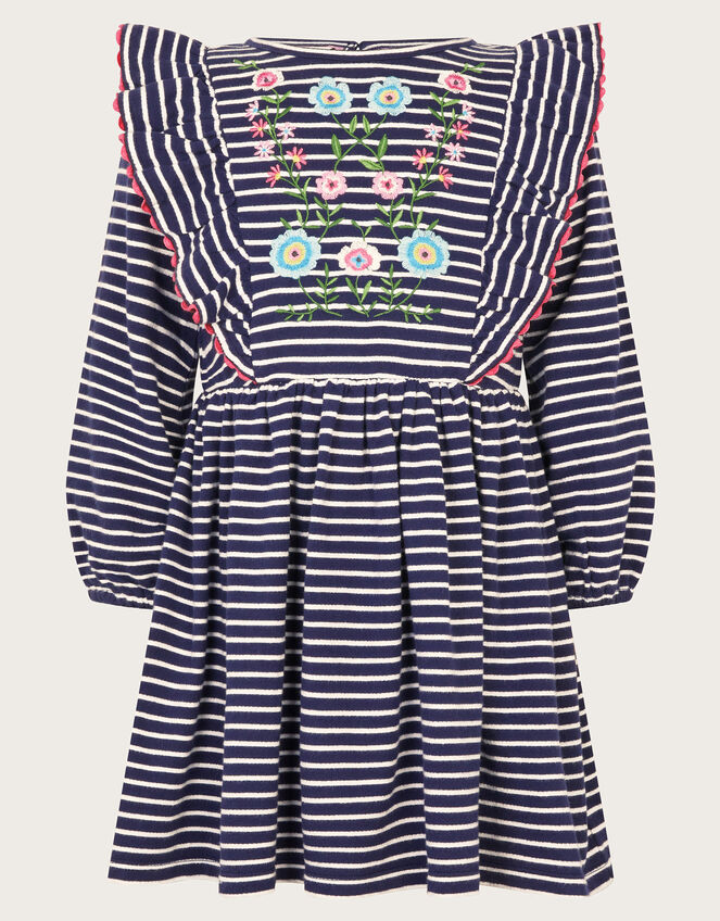 Floral Embroidered Stripe Ruffle Dress, Blue (NAVY), large