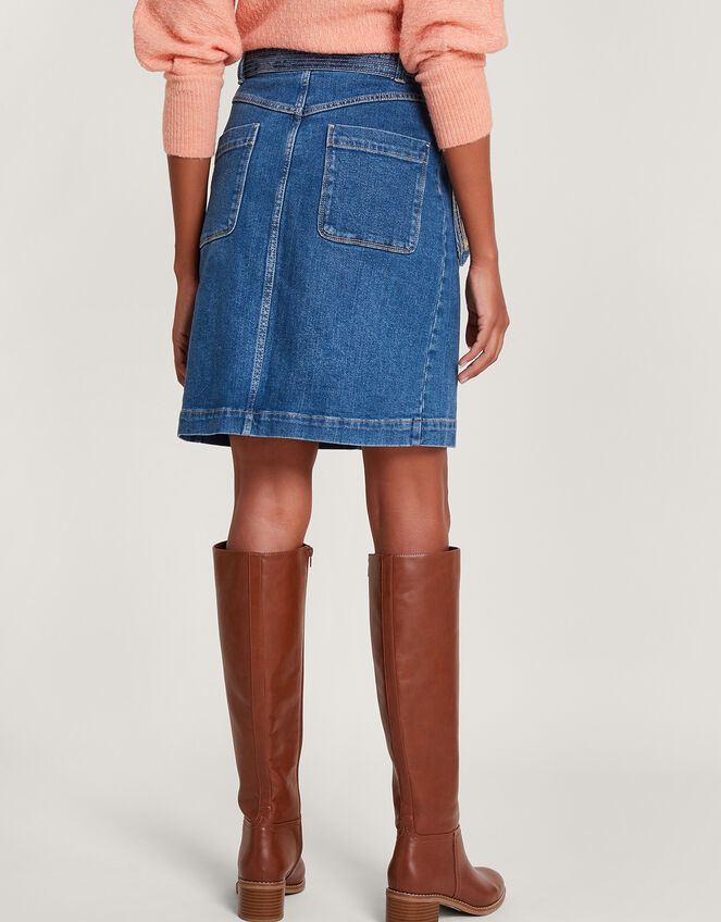 Denim Button Through Belted Skirt, Blue (INDIGO), large