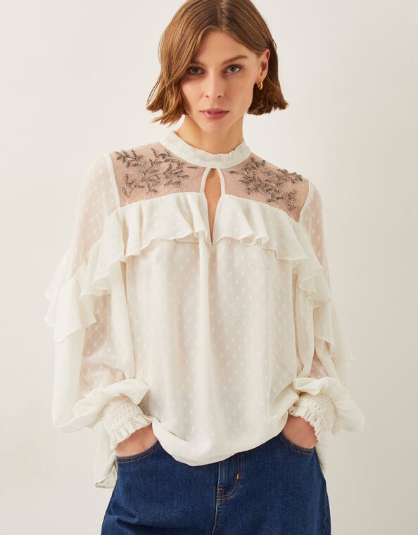Debbie Embellished Polka Dot Ruffle Blouse, Ivory (IVORY), large