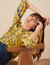 Floral Print Patch Jersey Top, Yellow (OCHRE), large