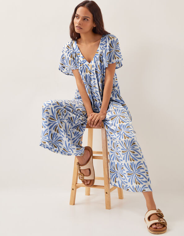 Cece Woodblock Wide-Leg Jumpsuit, Blue (BLUE), large