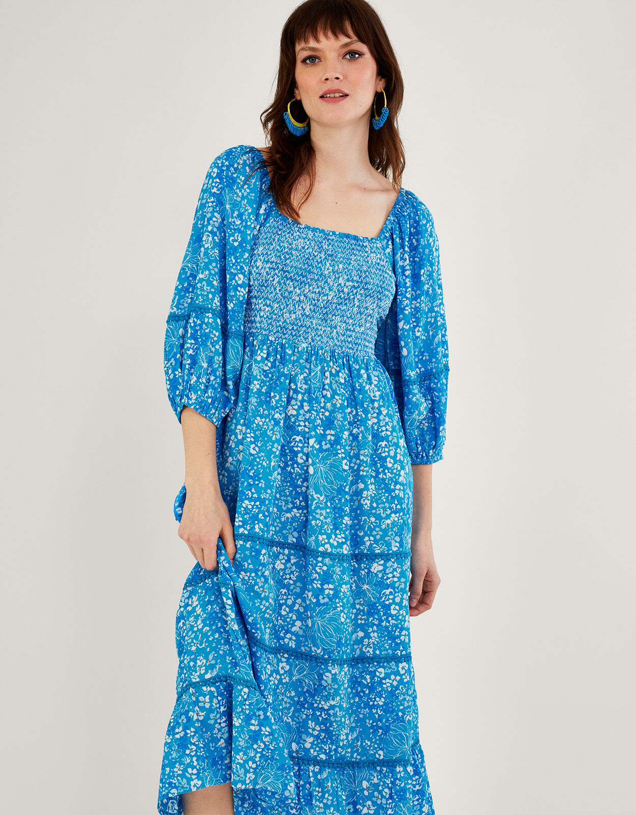 Gabby Shirred Dress in Sustainable Viscose Blue Day Dresses Monsoon Global
